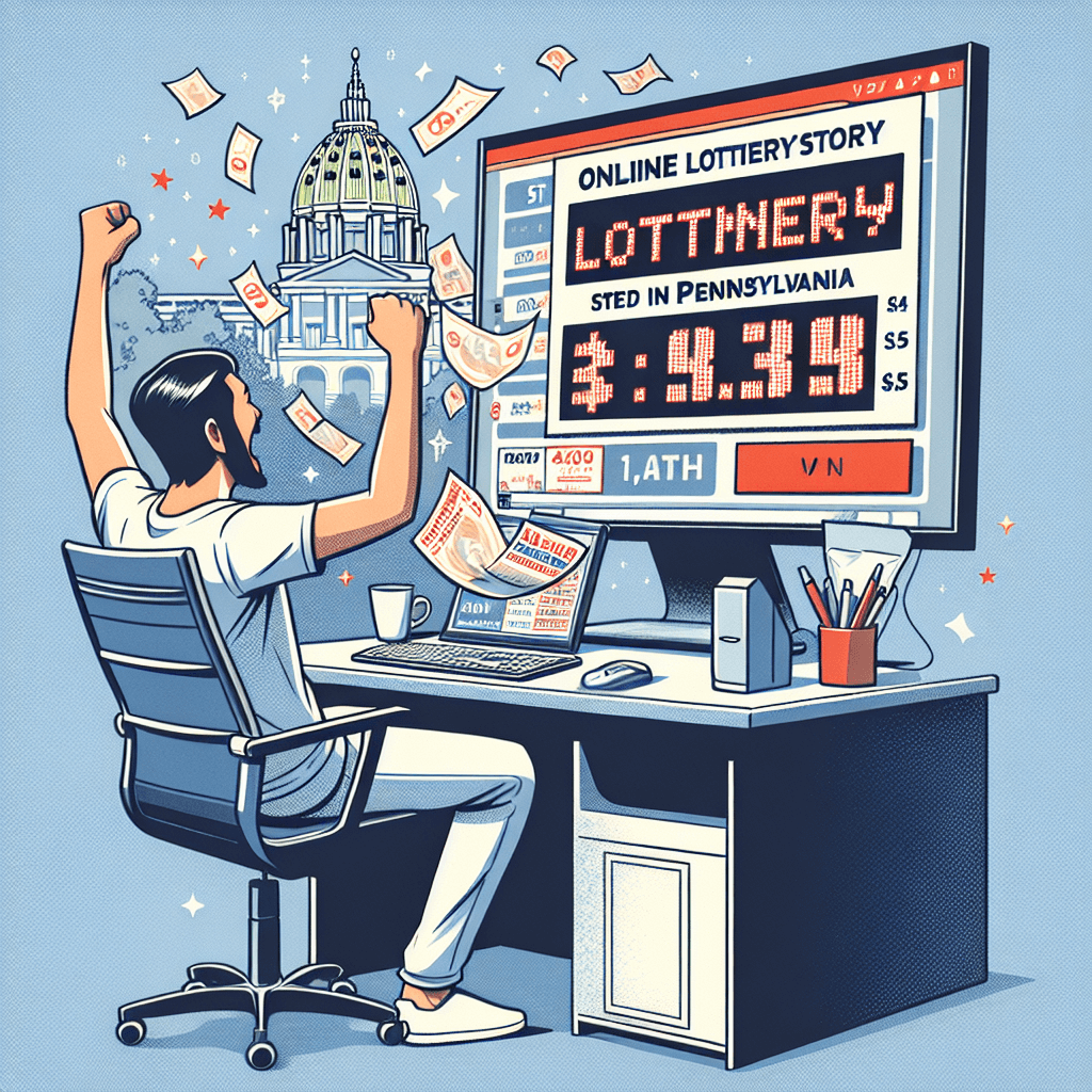 Pennsylvania online lottery winner celebrating in front of Pocket-Gaming app